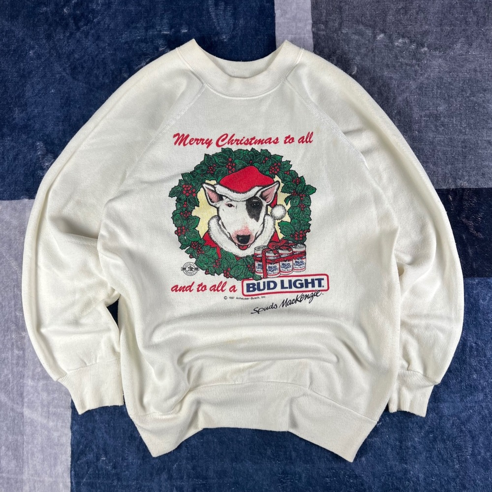 Vintage 1987 Bud Light Spuds MacKenzie Christmas Sweatshirt White Mens Large